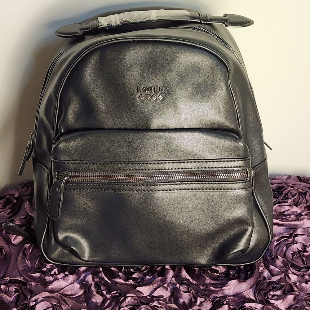 LOULU Black Vegan Leather Dome Backpack with Card Suit Detail